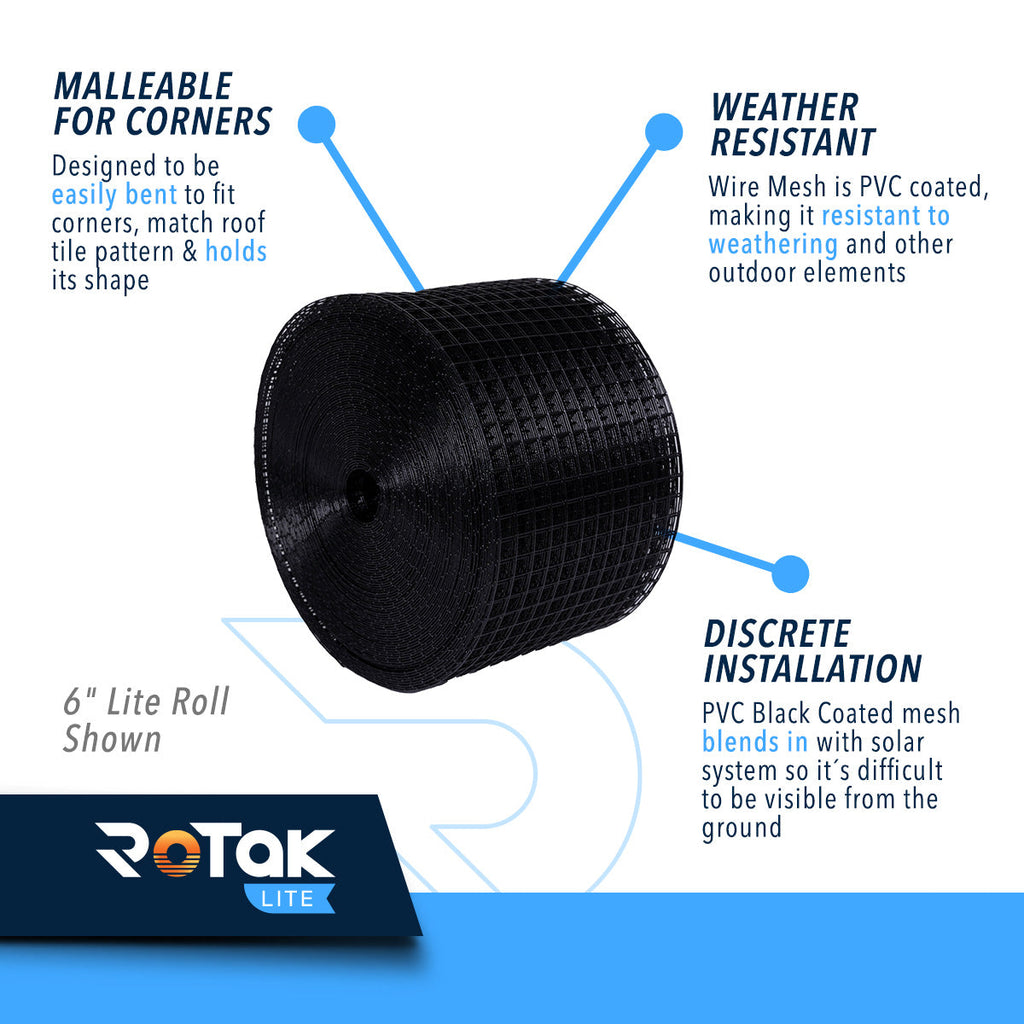 ROTAK Critter Guard LITE | 6in x 100ft Solar Panel Bird Prevention Roll Kit with 60 Fastener Clips | Galvanized Black PVC Coated ½ inch Wire Roll Mesh (6" LITE + 60 Clips)