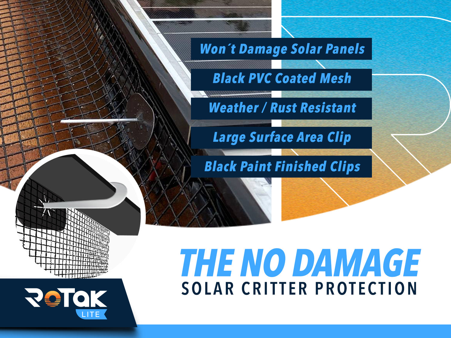 ROTAK Critter Guard LITE | 6in x 100ft Solar Panel Bird Prevention Roll Kit with 60 Fastener Clips | Galvanized Black PVC Coated ½ inch Wire Roll Mesh (6" LITE + 60 Clips)