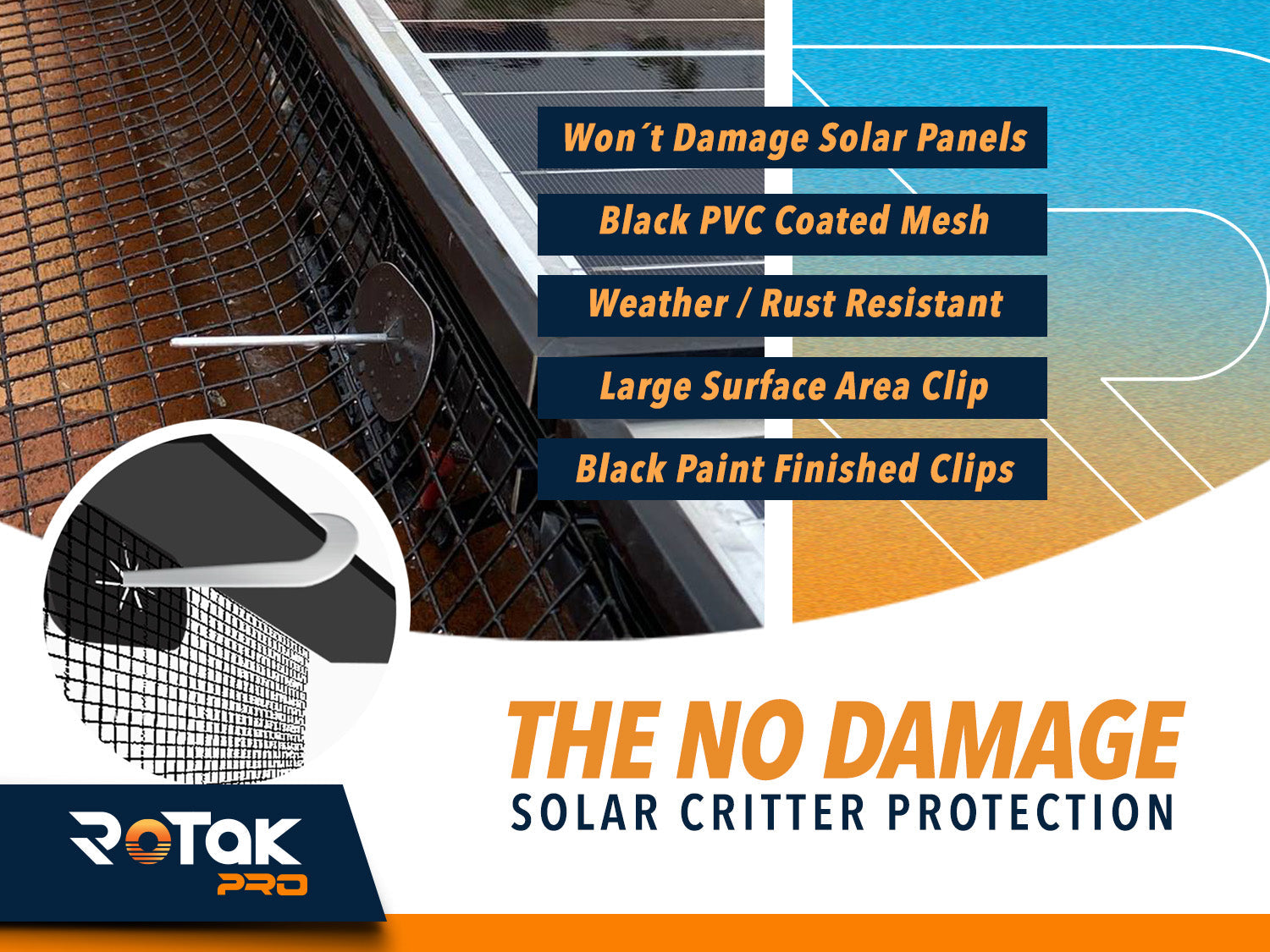 ROTAK Critter Guard PRO | 4in x 100ft Solar Panel Bird Prevention Roll Kit with 100 Fastener Clips | Galvanized Black PVC Coated ½ inch Wire Roll Mesh (4" PRO + 100 Clips)